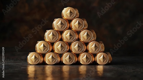 Obraz na płótnie A collection of gold coins stacked in a pyramid shape with a dark background w salonie