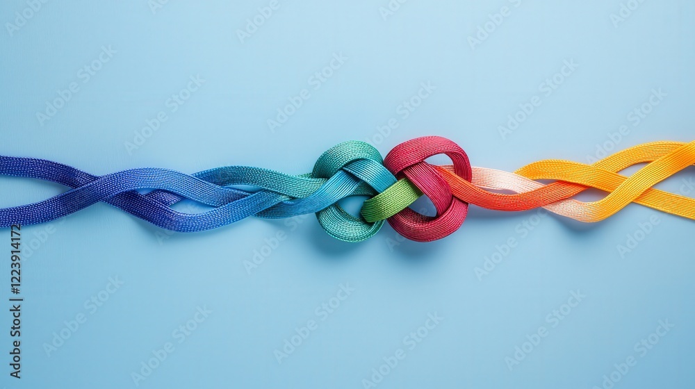 A symbolic intertwined ribbon in rainbow colors representing unity. A symbolic intertwined ribbon in rainbow colors representing unity.