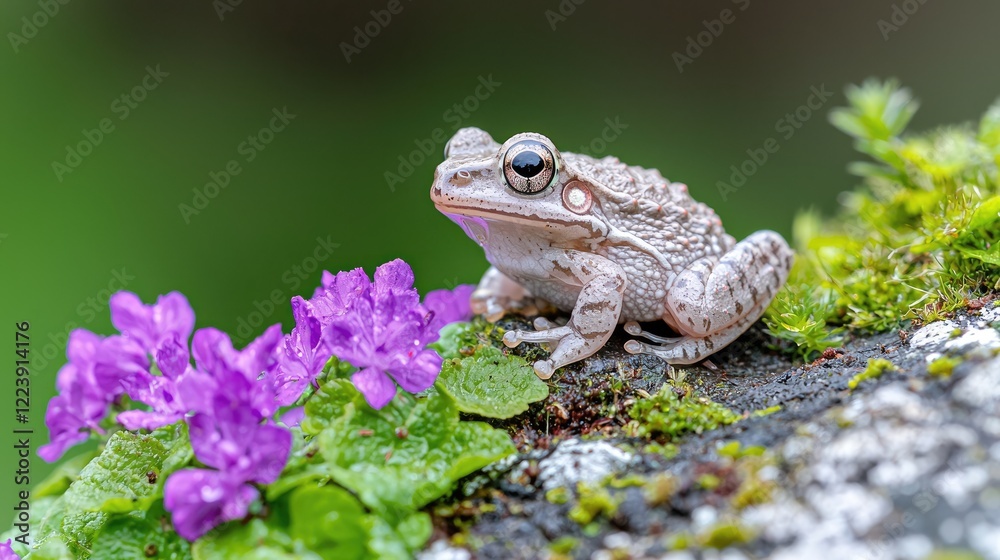 Pale frog on mossy rock with purple flowers, rainforest background; nature photography Pale frog on mossy rock with purple flowers, rainforest background; nature photography