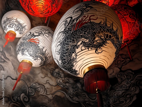 Intricate dragon designs etched onto glowing lanterns, suspended in midair, 3D illustration photo