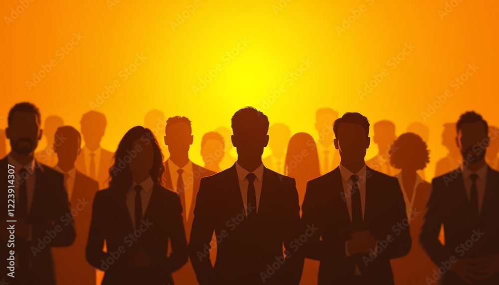 Silhouette Of Diverse Business People In Orange Sunset Background Silhouette Of Diverse Business People In Orange Sunset Background
