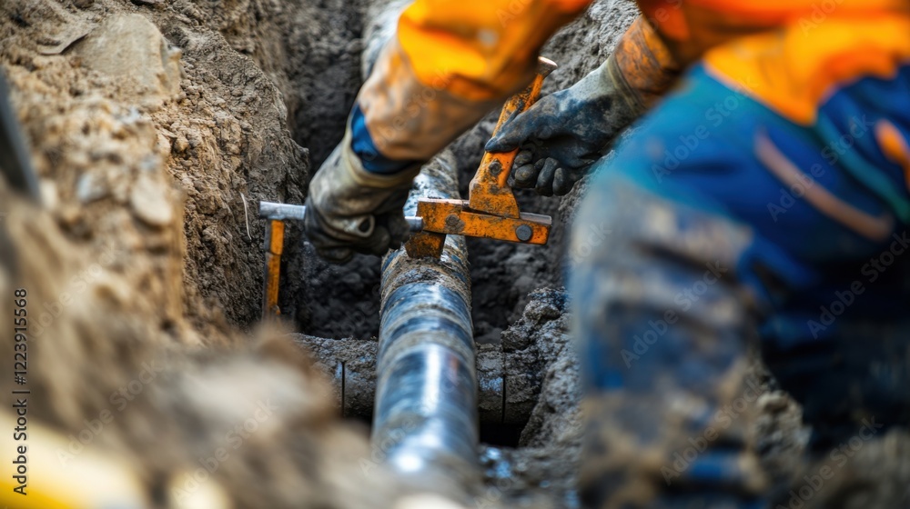A close-up shot of a plumber repairing underground water pipes in a municipal infrastructure project, Municipal pipe repair scene, Practical and precise style A close-up shot of a plumber repairing underground water pipes in a municipal infrastructure project, Municipal pipe repair scene, Practical and precise style