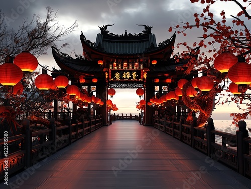 Temple gates flanked by dragonshaped lanterns, firecrackers lighting the pathway, 3D illustration photo