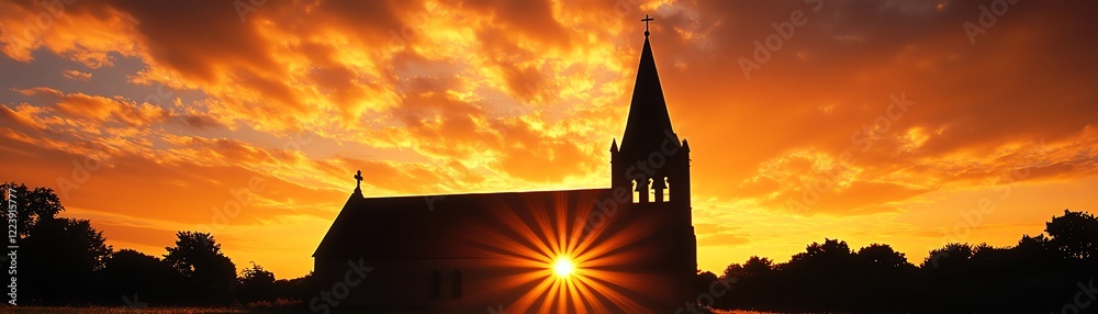 Silhouette of a church at sunset with colorful sky and dramatic lighting effects. Silhouette of a church at sunset with colorful sky and dramatic lighting effects.
