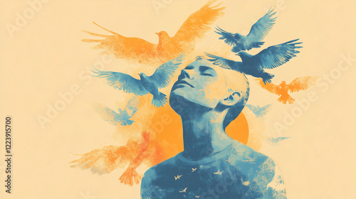 A conceptual illustration where emotions are depicted as birds flying arround photo