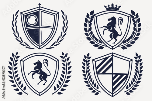 Modern Heraldic Shields, Corporate Shield Design, Clean Shield Logos, Professional Branding Shields, Abstract Crown Design, Symmetrical Shield Patterns, Bold Corporate Logos, Sleek Laurel Wreath Shiel photo