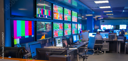 abstract blurred background with tv studio control room