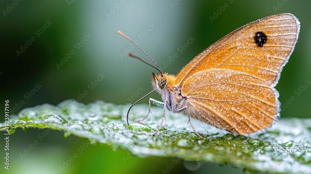 Orange butterfly resting on dewy leaf, garden background, nature photography, website use Orange butterfly resting on dewy leaf, garden background, nature photography, website use