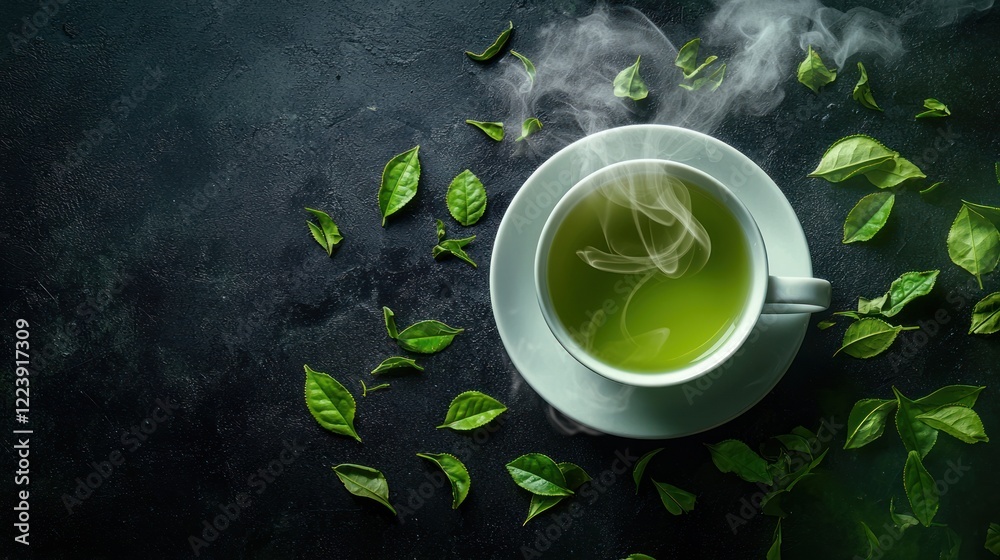 A cup of steaming green tea surrounded by scattered fresh tea leaves.
