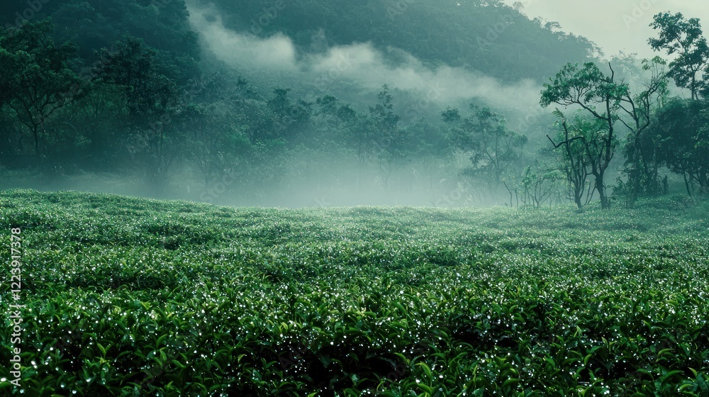 A field of lush green tea plants with leaves glistening in the morning dew