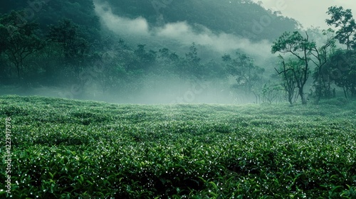 Obraz na płótnie A field of lush green tea plants with leaves glistening in the morning dew w salonie