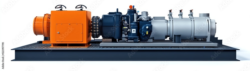 Industrial machinery with orange and gray components on a white isolated background. Industrial machinery with orange and gray components on a white isolated background.