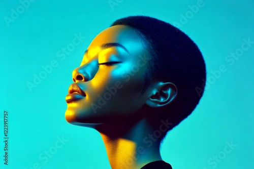 Short haircut - multicolored hair. Pretty calm mixed-race girl - for ads, flyer and social platforms use. Commercial promotion creative. African beauty. Fashionable woman. Chic model portrait.