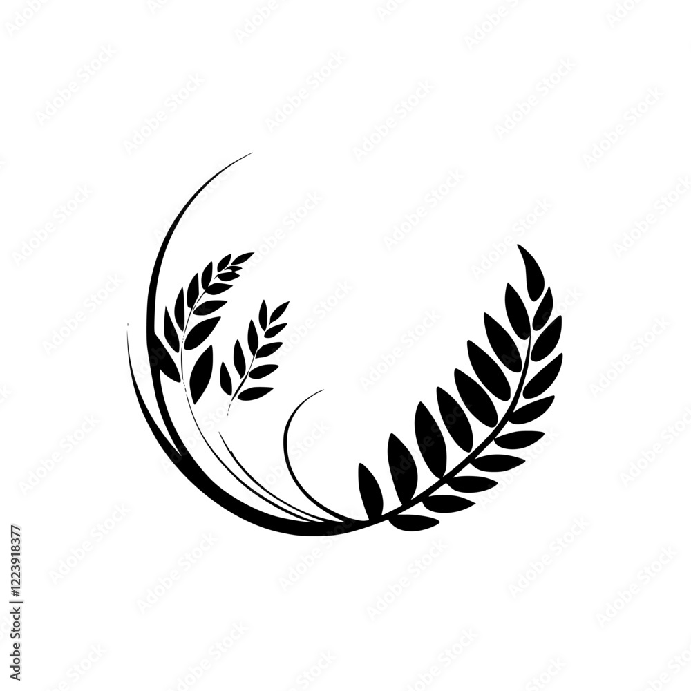Elegant Black Wheat Plant Leaves Silhouette on White Background. Minimalist Floral Design, Botanical Vector Illustration, Nature Branch Symbol, Simple Vintage Decoration Graphic Elegant Black Wheat Plant Leaves Silhouette on White Background. Minimalist Floral Design, Botanical Vector Illustration, Nature Branch Symbol, Simple Vintage Decoration Graphic