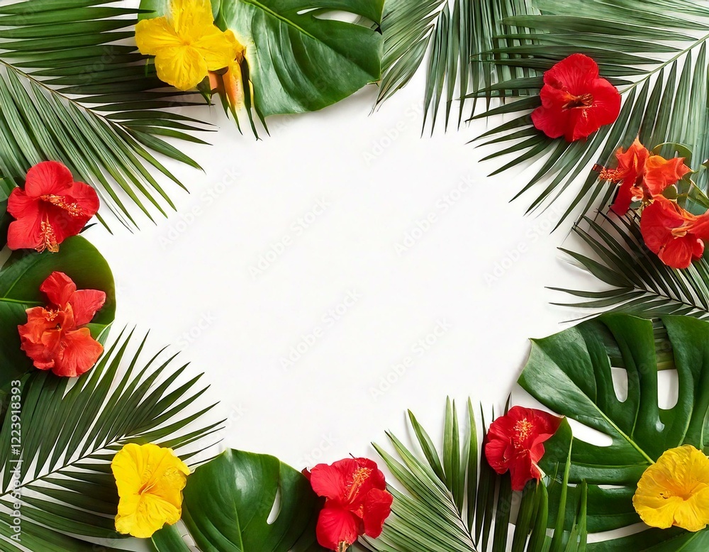 Fototapeta premium Frame of tropical leaves palm tree and monstera with red yellow