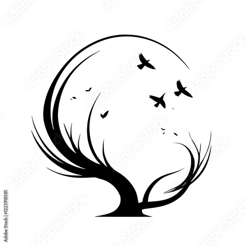 Birds and Tree Silhouette in Mountains: Abstract Nature Landscape