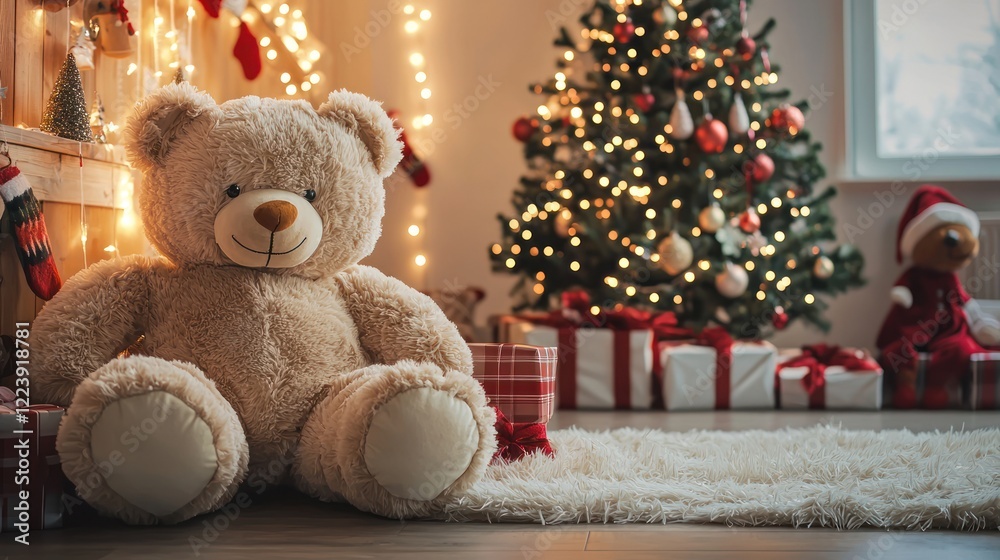A giant teddy bear placed in a corner of a festive holiday-themed room.
