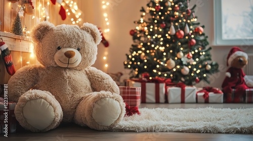 Obraz na płótnie A giant teddy bear placed in a corner of a festive holiday-themed room. w salonie
