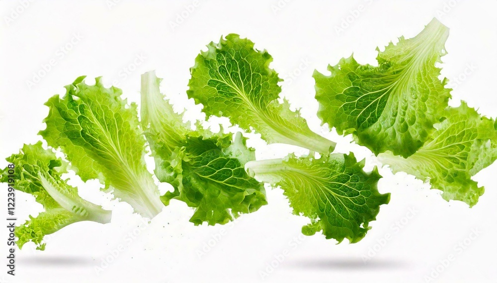 Fresh salad green lettuce leaves falling in the air isolated on white Fresh salad green lettuce leaves falling in the air isolated on white