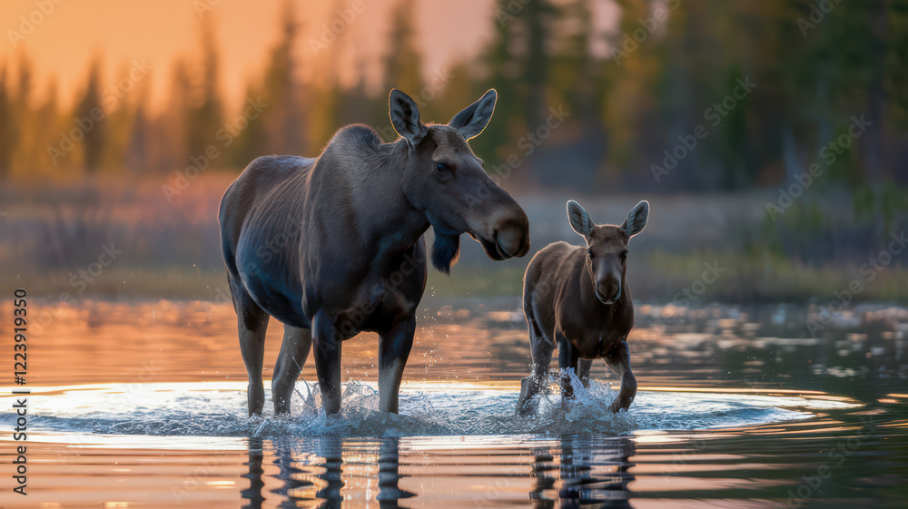 Moose cow and calf wade through a tranquil sunset. Moose cow and calf wade through a tranquil sunset.