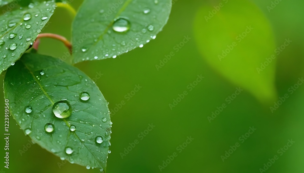 Fresh Green Leaves with Dew Drops – Natural Rainwater Close-Up. 6 Fresh Green Leaves with Dew Drops – Natural Rainwater Close-Up. 6