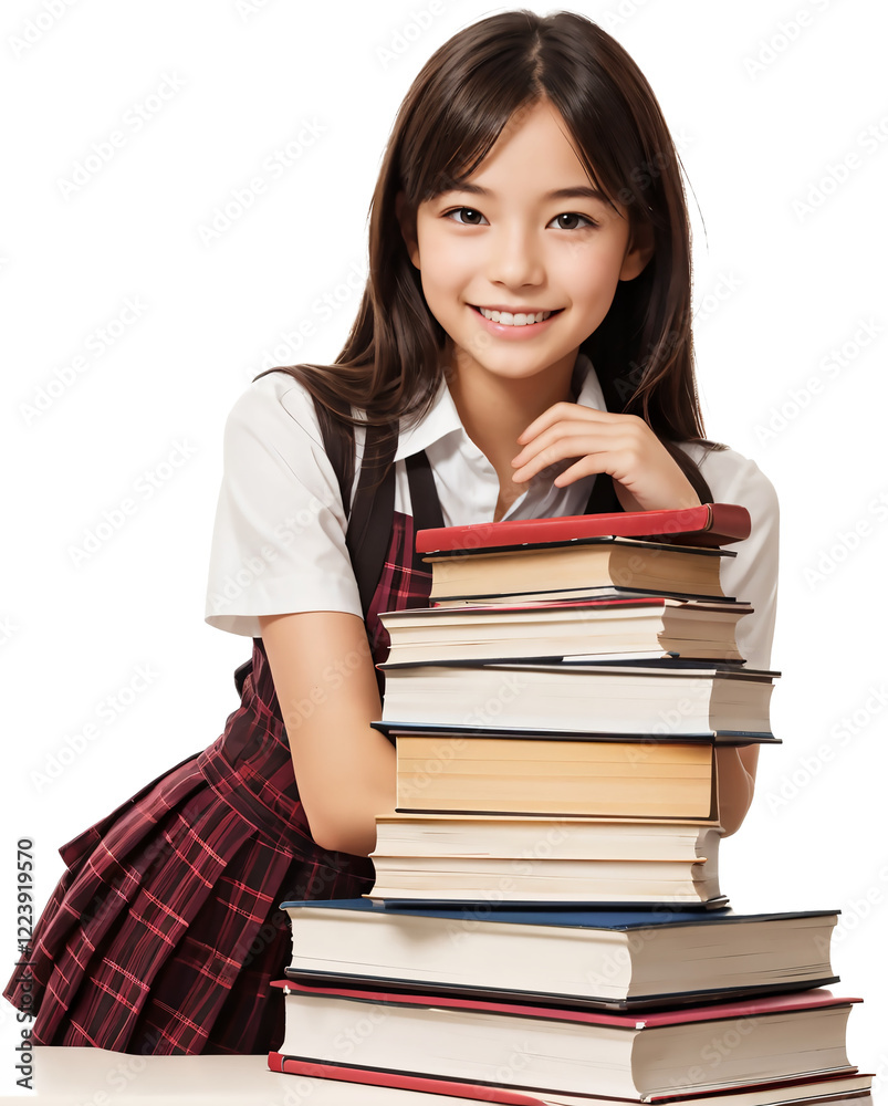 Young Smiling Schoolgirl Holding a Stack of Books. Transparent Background Young Smiling Schoolgirl Holding a Stack of Books. Transparent Background