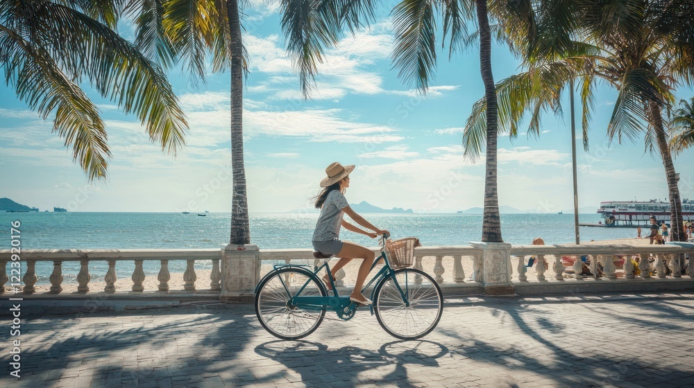 A girl in a casual outfit riding a bicycle along a beachside promenade.