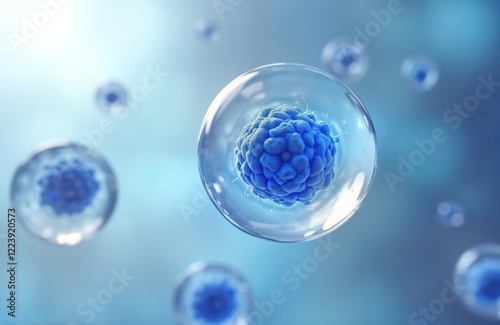 Illustration shows stem cells dividing in scientific medical setting. Cells transparent spheres. Biology research. Medical science. Microscopic view. Innovative bio tech. Modern medicine. Futuristic photo