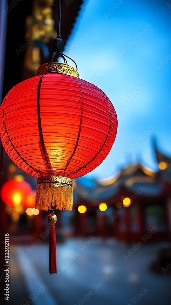Obraz premium A single red lantern glowing brightly against a deep blue sky, soft light reflecting on nearby golden temple details
