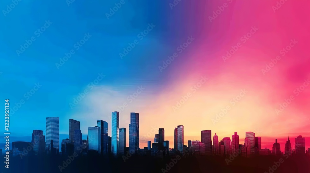 Fototapeta premium Vibrant skyline with layered fireworks in blue and pink, bold reflections on glass buildings, creating a festive and energetic atmosphere