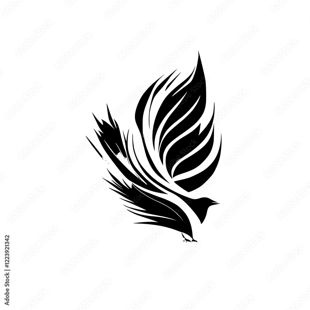 Abstract Black Bird with Elegant Wings: Vector Graphic Design. Perfect for logo, symbol, or artistic print. Stylized bird illustration, monochrome palette. Abstract Black Bird with Elegant Wings: Vector Graphic Design. Perfect for logo, symbol, or artistic print. Stylized bird illustration, monochrome palette.