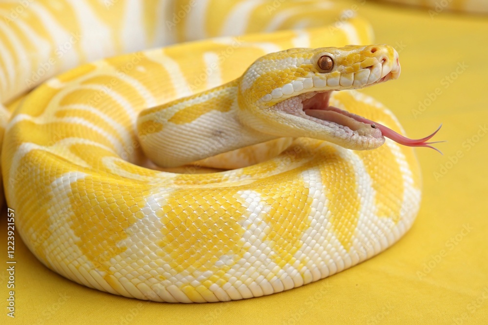 Fototapeta premium Close-up of a ball python snake coiled up on a yellow background.