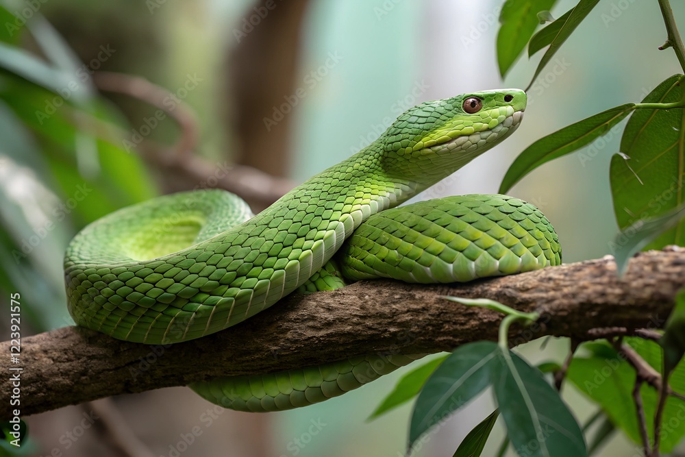 Close-up of a green snake coiled up on a branch. Close-up of a green snake coiled up on a branch.