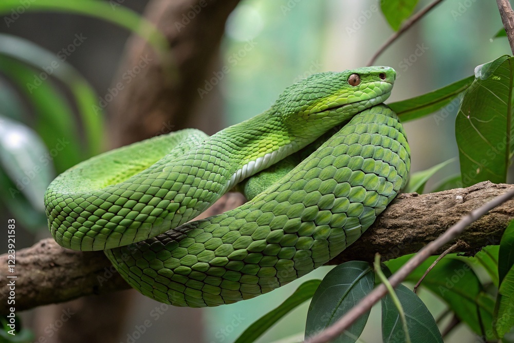 Obraz premium Close-up of a green snake coiled up on a branch.