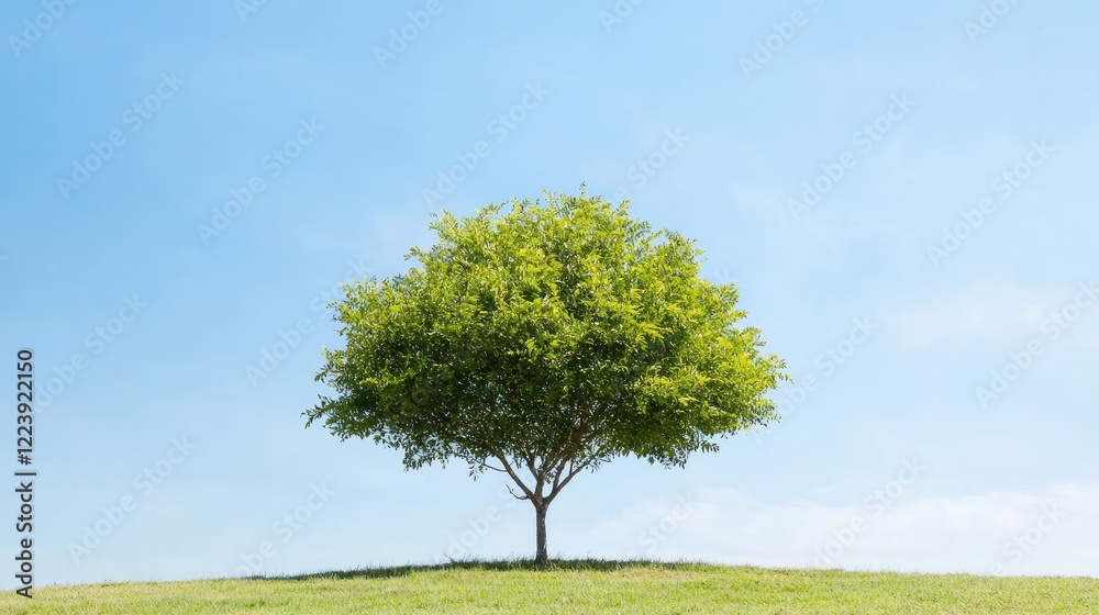 Obraz premium Lone tree on grassy hill under blue sky; nature scene for eco-friendly projects