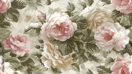 A floral pattern featuring large pink and cream roses with green leaves.