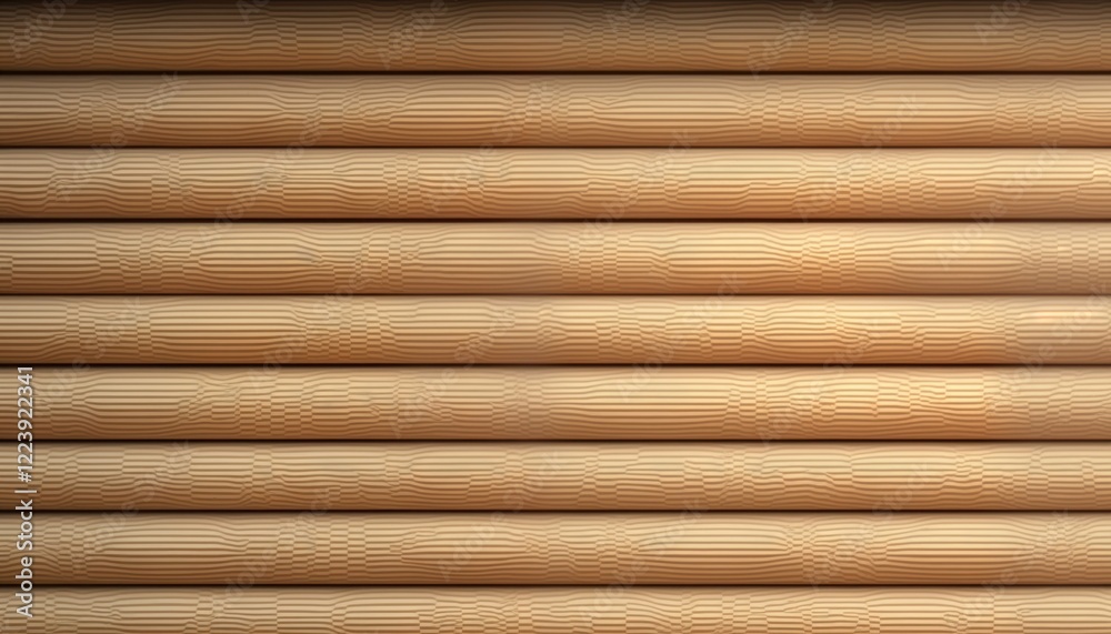Detailed close-up view of log siding texture. Horizontal rows of logs wooden planks create rustic wall. Natural wood grain pattern emphasized through different shades, textures of light brown. Detailed close-up view of log siding texture. Horizontal rows of logs wooden planks create rustic wall. Natural wood grain pattern emphasized through different shades, textures of light brown.