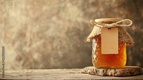 Obraz na płótnie A glass jar with a label containing homemade jam, placed on a shelf w salonie