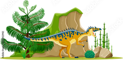 Neovenator prehistoric dinosaur character in a lush prehistoric forest natural habitat with a tree, rock and plants. Isolated cartoon vector ancient carnivore reptile animal of Early cretaceous era