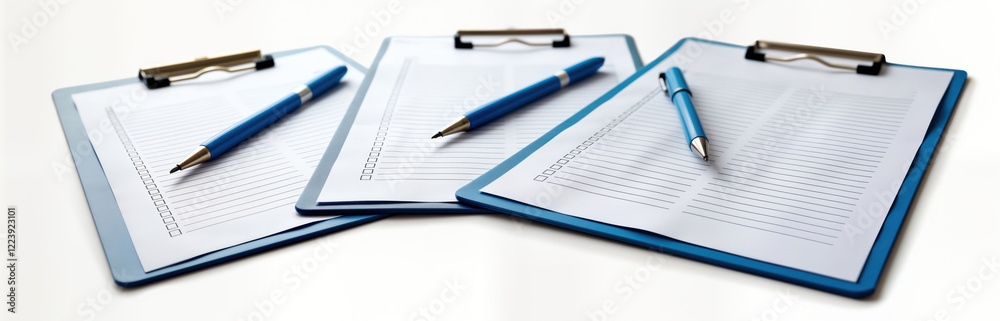 Blank medical clipboards with blue pens. Set of three clipboards. Clipboard lined paper with checklists. Photo isolated on white background. Ideal for health care documents, office supplies, Blank medical clipboards with blue pens. Set of three clipboards. Clipboard lined paper with checklists. Photo isolated on white background. Ideal for health care documents, office supplies,