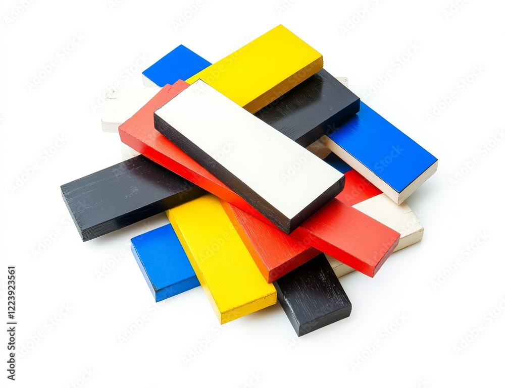 Obraz premium Colorful plastic blocks haphazardly piled on white background.