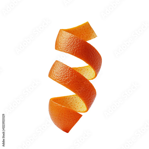 Spiral Orange Peel: A vibrant, spiraled orange peel, showcasing its texture and color, isolated against a pure white background.  The peel is artfully arranged in a dynamic, visually appealing spiral.