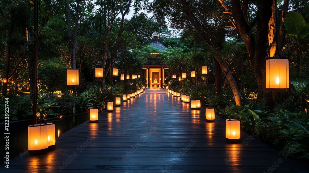 Fototapeta premium Festive pathway illuminated by hanging lanterns, leading to a grand temple entrance surrounded by lush trees