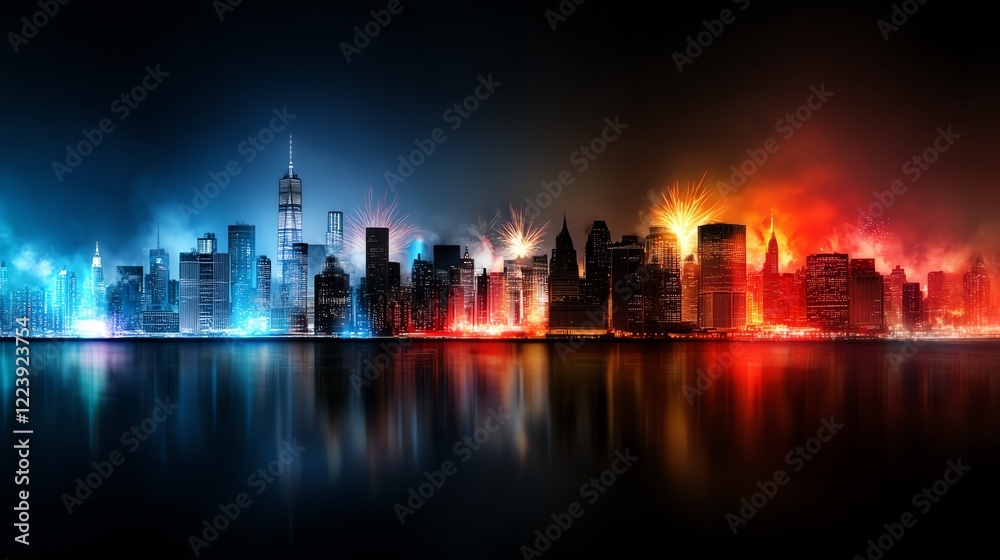 Fototapeta premium Futuristic city skyline alive with fireworks, neonlit buildings reflecting bursts of red, blue, and gold in the sky