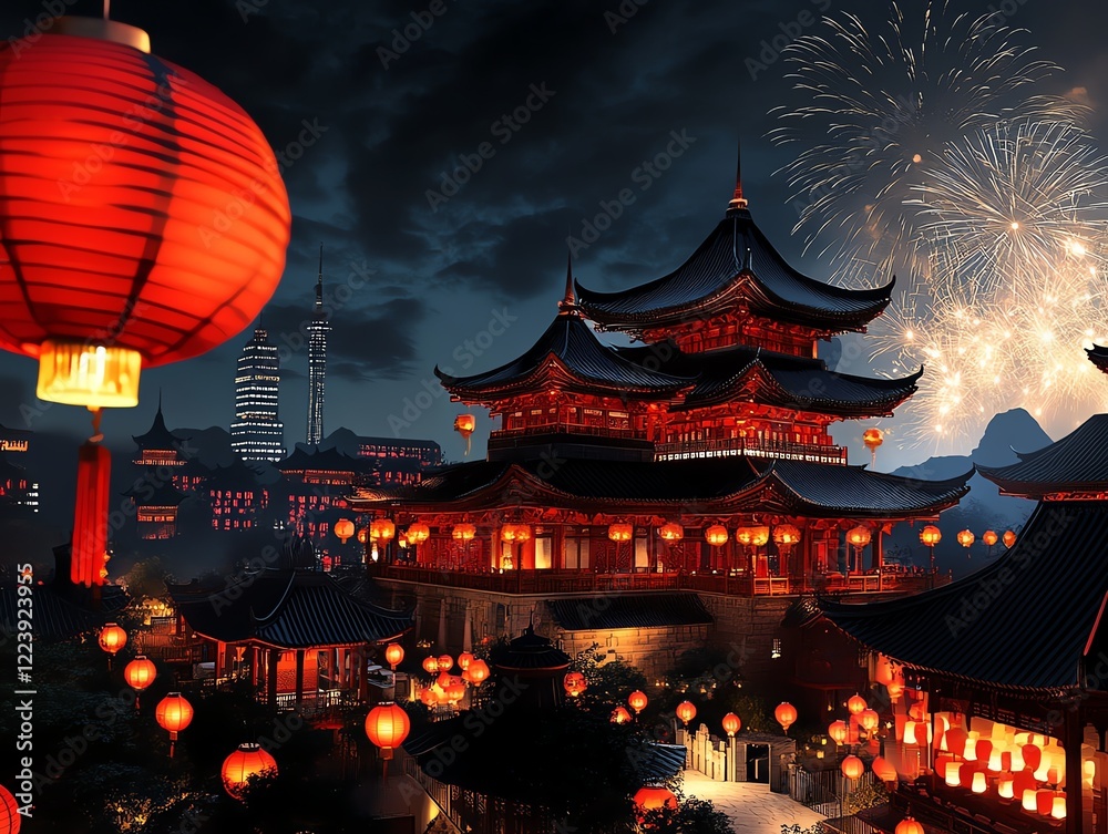 Fototapeta premium Goldenroofed pagoda surrounded by red lanterns and greenery, vibrant fireworks illuminating the entire scene with energy