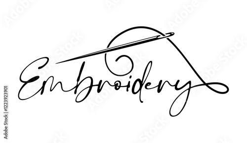 Embroidery icon for tailor shop with thread and needle, dressmaking atelier vector emblem. Tailor shop, seamstress salon and embroidery needlecraft studio badge with needle and embroidery lettering