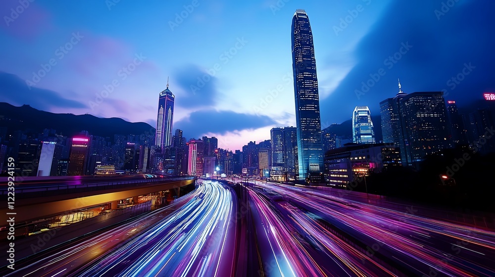 Fototapeta premium Fireworks cascading in vivid trails above an iconic skyline, the interplay of light and architecture creating a magical scene