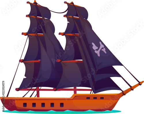 Corsair pirate historical caravel sail ship. Pirate old brigantine ship. Corsair historical frigate sailboat isolated vector or buccaneer antique caravel warship with bones on black sail