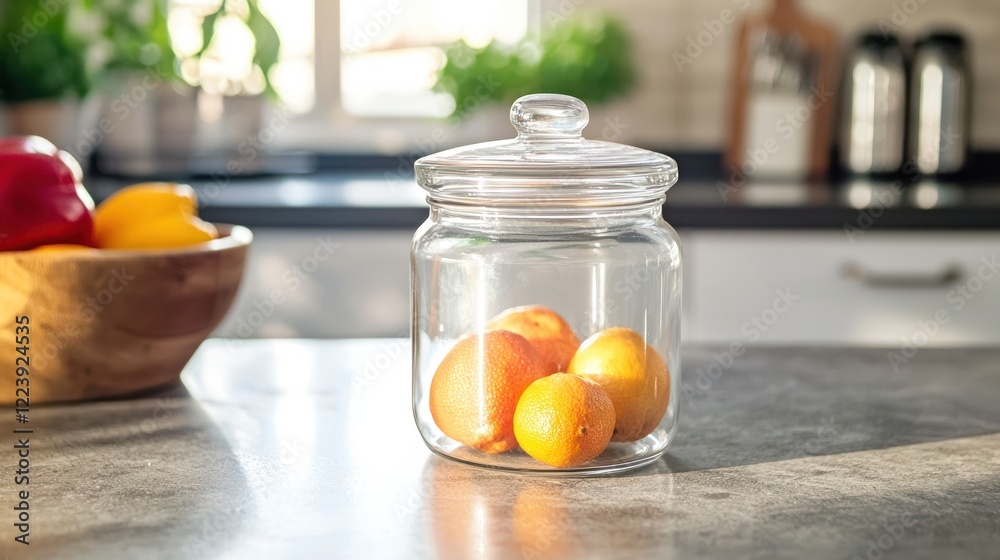 A glass jar with a tight lid sitting on a kitchen countertop
