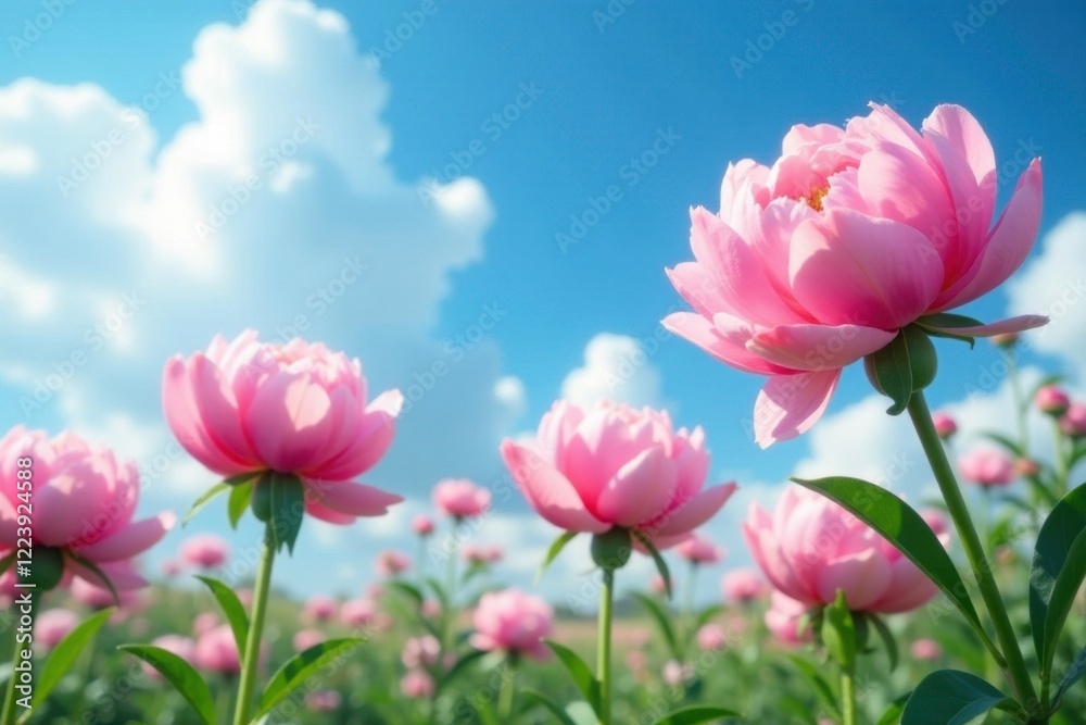 Soft pink peonies against a brilliant blue sky with fluffy white clouds, blue sky, garden, landscape
